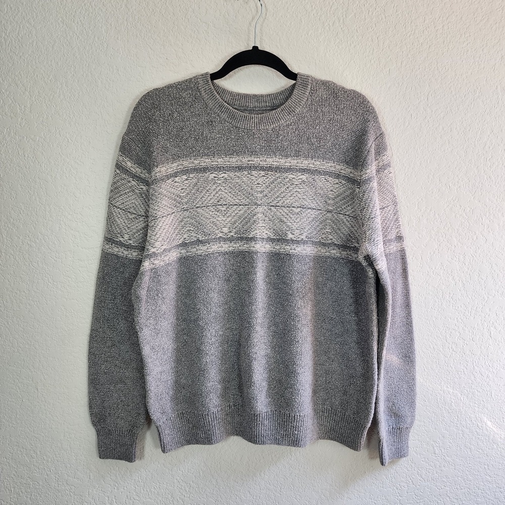 Mens Croft & Barrow Crew Neck Cotton Blend Faire Isle Sweater Gray White Size L